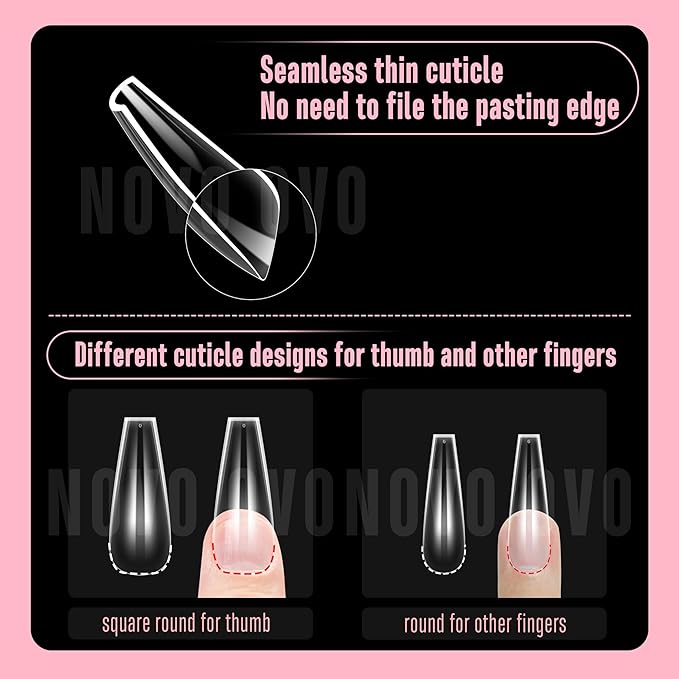 NOVO OVO Long Coffin Nail Tips SCULPTED (Not NATURAL) for Curved Nail Beds, Extra Thick L Length False Nails Press on, Full Cover Soft Gel Fake Nail Extension, Salon DIY x 15 Sizes 450 pcs