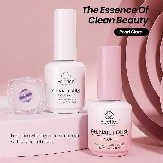 Beetles French Tip Gel Set - Pearl Glaze White Nude Pink Upgraded Gel Nail Kit Soak Off UV LED with 4 Styles Bubble French&Chrome Powder Nail Art Sticker DIY Home Salon Spring Gift for Women