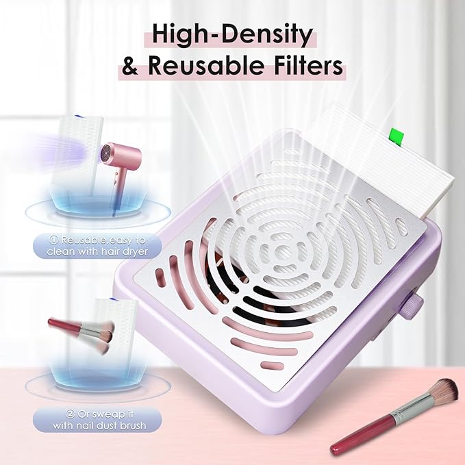 Nail Dust Collector with Lamp&50pcs Disposable Filter&Dusting Brush, Electric Nail Vacuum Cleaner Dust Fan Suction Machine for Manicure Acrylic Gel Nails Polishing, Low Noise, Salon Home (Purple)