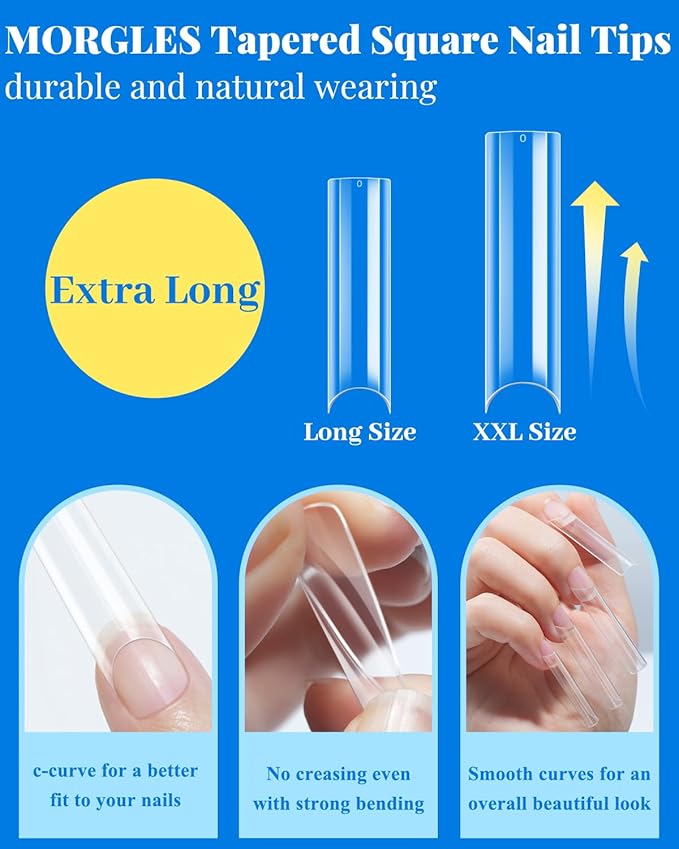 MORGLES Clear Tapered Square Nail Tips, 240 Pcs XXL Extra Long Straight C Curve Nail Tips 12 Sizes Half Cover French Clear for Acrylic Home DIY with Box