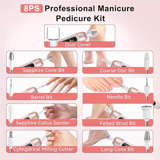 Electric Nail Drill Cordless Nail File Professional Manicure Pedicure Kit, 9 in 1 Hand Foot Rechargeable Care Tool, 10 Speeds Electric Nail File Grinder for Thick Toenail Trim Polish Pink