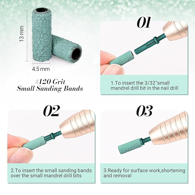 MelodySusie 120 Pcs Nail Drill Bits Small Sanding Bands for 3.1mm Mandrel Bit, 120 Medium Grit Nail File for Acrylic Nails Gel Manicures and Pedicure, Dark Green (Only Sanding Bands)