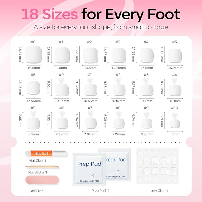 Modelones Press on Toenails Short, White Toe Press on Nails Square, Reusable Nail Kit with Nail Glue Adhesive Tabs Mini Nail File, Toe Nails 36Pcs 18Sizes, Spring Women Girl Gift