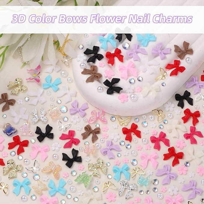 Color Bows Nail Charms Kit, 3D Pearls Gems Set, Gold Silver Nail Bows, Flower Butterfly 3D Asssorted Nail Charms and Gems, Nail Pearls for Nail Art DIY with Pickup Tools
