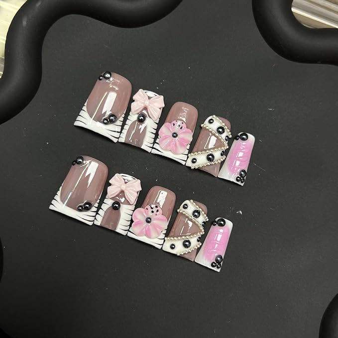 10 Pcs Handmade Duck Press on Nails Medium 3D Flower Fake Nails with Glue,with 3D Bow Black Rhinestone Designs Gradient False Nails Glossy Full Cover Artificial Acrylic Nail Press Ons for Women (S)
