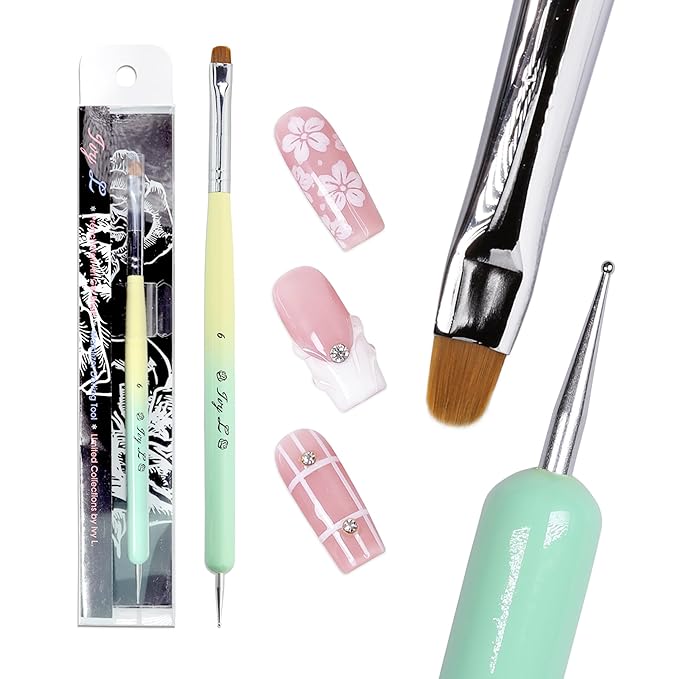 Ivy-L Premium 2 Ways French Gel Acrylic Nail Art Kolinsky Brush with Dotting Tool for Professional Manicure Nail Art Design Cuticle Clean-up + Lime Green Wood Handle (Size 6)