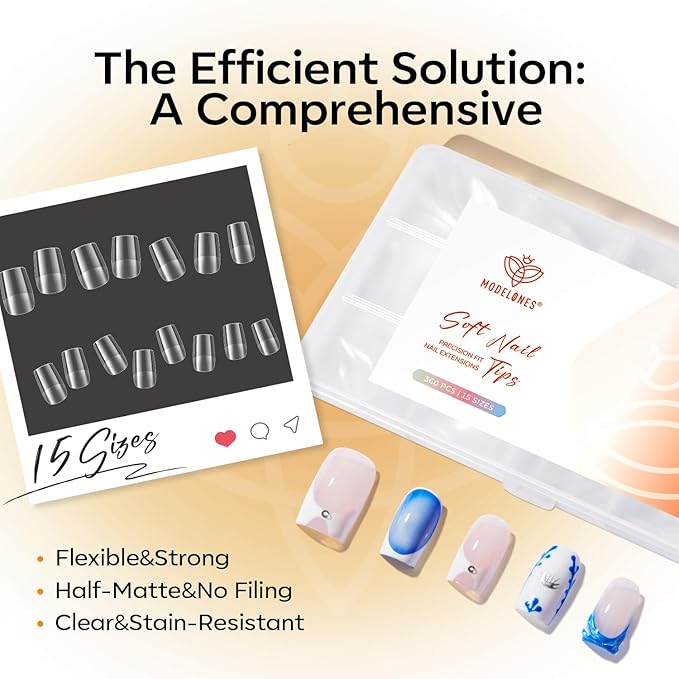 modelones Short Square Gel Nail Tips, 360pcs Pre-etched Clear Fake Nails Press On Full Cover Half Matte 15 Sizes Acrylic Gel Tips for Extension Salon