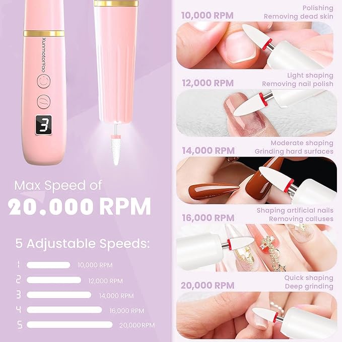 Professional Electric Nail Drill File, Cordless Nail Drill Machine kit for Acrylic Gel Dip, 12 in 1 Nail Machine Kit Portable Rechargeable Manicure Pedicure Tools for Home Salon(Pink)
