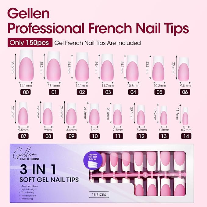 Gellen French Soft Gel Nail Tips - 150 pcs 15 Sizes French Tip Press on Nails Pink Long Square Fake Nails, 3 in 1 Pre-french Gel Nail Tips No Need to File