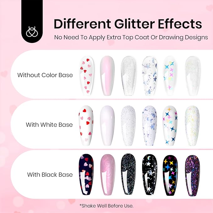 beetles Gel Polish 6Pcs Heart Star Reflective Glitter Gel Top Coat Set, Clear Pink Color Pastel Nail Polish No Wipe Top Coat Long Lasting Highly Shine Soak Off Uv Gel Art