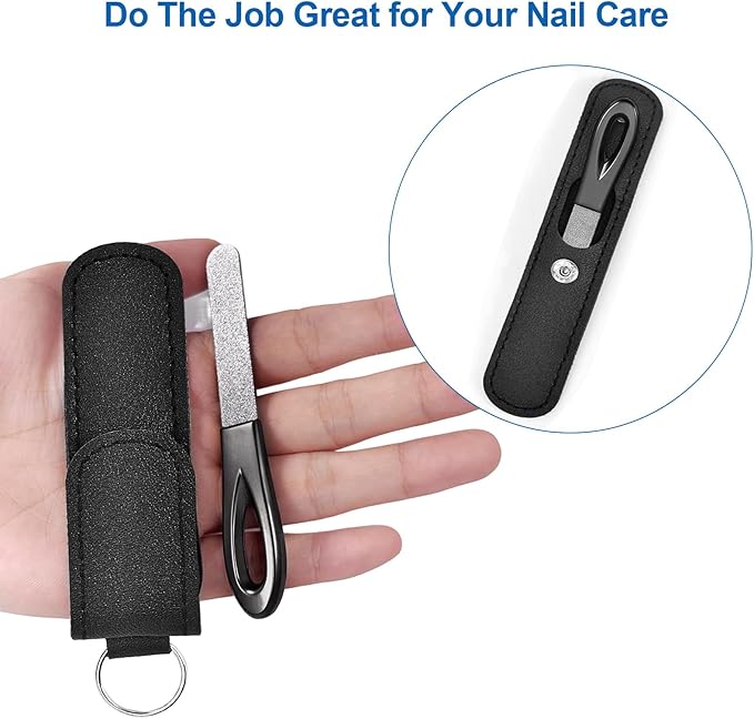Metal Nail File with Case, 2 Pack Keychain Nail Files for Natural Nails, Fingernail Files Diamond Round Tip Stainless Steel Double Sided Fine Grit Sapphire Filer with Leather Sheath Travel Black