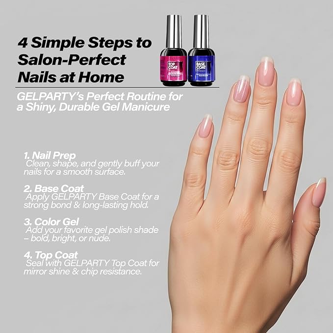 GELPARTY Gel Top Coat & Base Coat Set 2x15ml – No Wipe, HEMA-Free, Long-Lasting UV/LED Soak-Off Gel Nail Polish Kit, High Gloss Shine, Strong Adhesion, Chip-Resistant, Salon & DIY Manicure Essentials