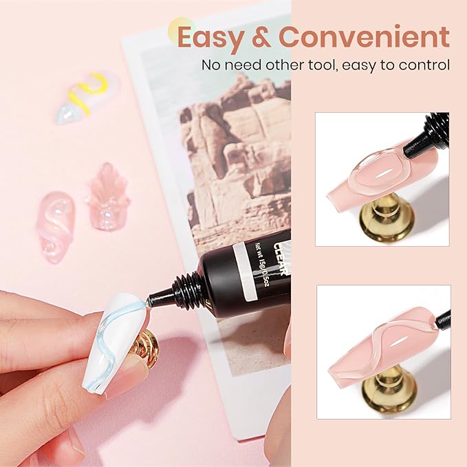 MIZHSE 3D Gel Nail Art, 2 Pcs 15g Clear Sculpting Gel Glue for Molding, Drawing, Charms & Gems, Chrome Powder, Rhinestone Design, No Wipe Nail Polish for DIY Nail Art