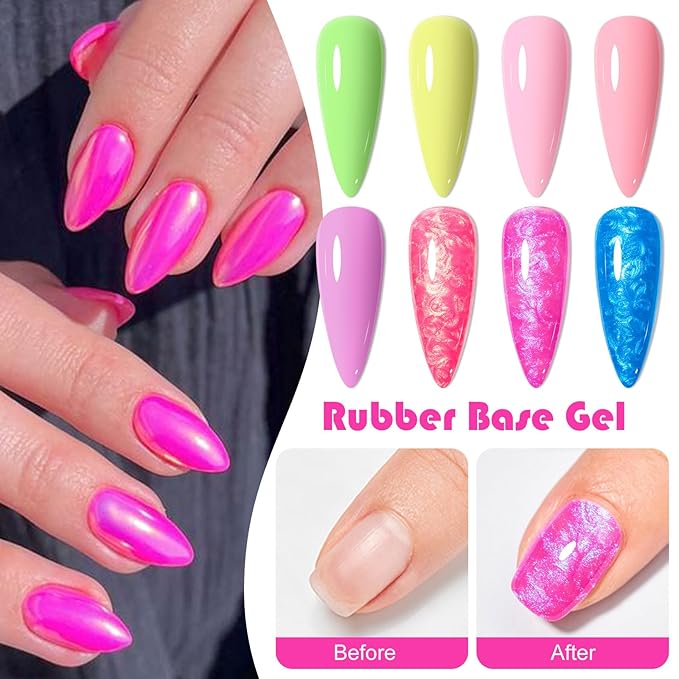 MEET ACROSS Builder Gel Nail Polish 12 Pcs Macaron Rubber Base Gel Polish 3 in 1 Pastel Pink Purple Green Strengthener Swirl Thread Effect Blue Red Soak Off U V Nail Art DIY
