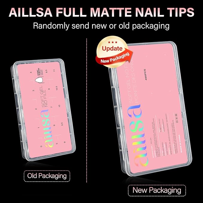 AILLSA Short Almond Nail Tips 450PCS Acrylic Gel Double-sided Matte Clear Pre-Buff Gel Nail Tips No Need Base Coat Press on Nails Tips for Extension 15 Sizes