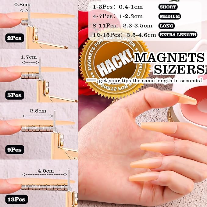 Gold Premium Nail Clippers with Magnet Sizers for Acrylic Nails, Professional Stainless Steel Fake False Nail Tip Clipper Cutter Trimmer, Manicure Tool for Salon Home Nail Art