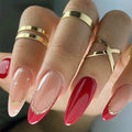 Red Press on Nails - Medium Almond Fake Nails - French Tip False Nails Press ons - Christmas Glossy Full Cover Glue on Nails - Acrylic Artificial Stick on Nail for Women Manicure 24Pcs