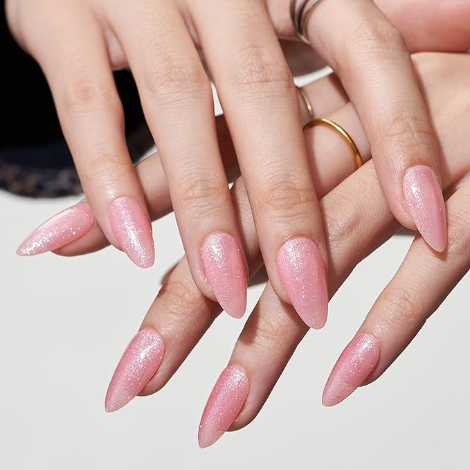 GLAMERMAID Pink Press on Nails Medium Almond, Handmade Glitter Light Pink Neutral Jelly Sofy Gel Glue on Nail Stiletto, Glossy Fake Nails Short Oval，Reusable Acrylic Stick on False Nail Kits for Women