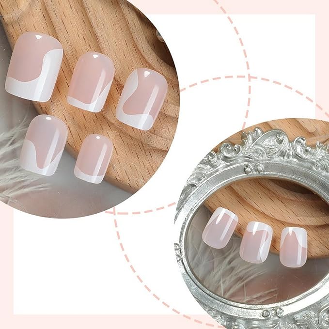 White French Tip Press on Nails Short Square MABKJLF Nude Fake Nails False Nails with Irregular Curve Line Designs Glossy Glue on Nails Acrylic Nails for Women Girls 24Pcs