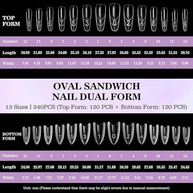 240 PCS Sandwich Nail Dual Forms, 14 Sizes Nail Tips for Builder Gel, Dual Forms for Polygel, Nail Extension for Beginner & Professional, Create Salon Quality Nail Art at Home (Oval)