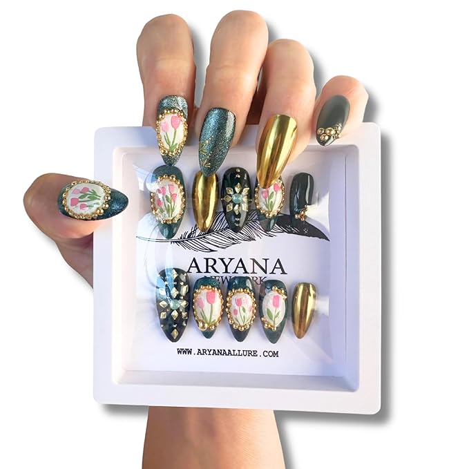 ARYANA NEW YORK 3D Press On Nails Handmade with Full Covered Crystals and Flowers Reusable Fake Nails Luxury Almond Nail Set, 10 PCS Acrylic Handmade Press On Nails - Flower Collection - (Small)