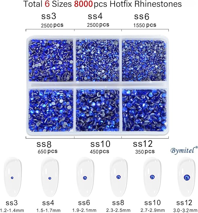 Bymitel Hotfix Crystal Rhinestones Round Gems for Crafts,Mixed 6 Sizes with Wax Pencil Kit, Sapphire 1.3-3.2mm(SS3-SS12/8000pcs)
