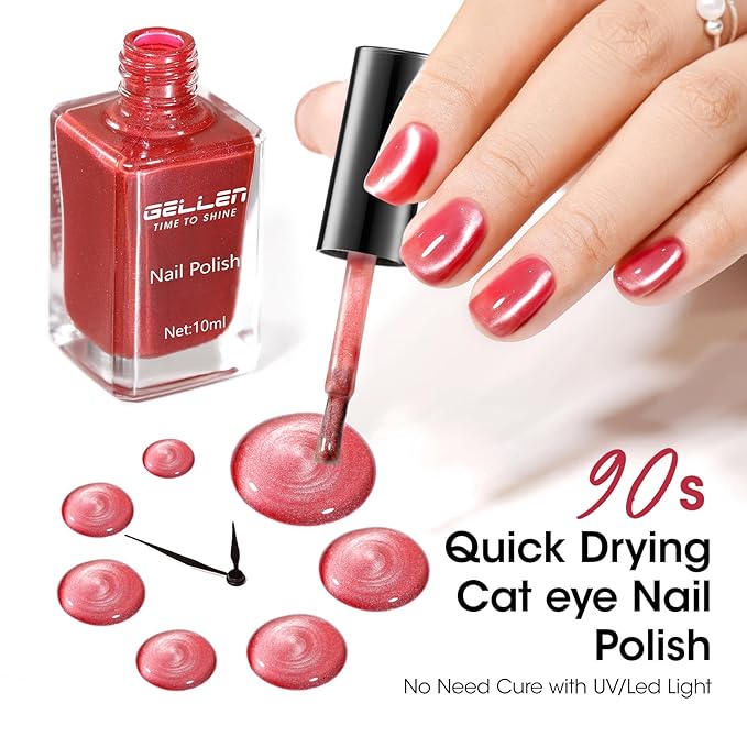 GELLEN Quick Dry Cat Eye Nail Polish Kit, Red Magnetic Fingernail Polish Series, Fast Drying Glitter Nail Lacquer Non Gel with Magnet Tool, DIY Salon Home