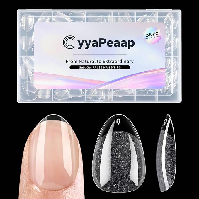 Extra Short Almond Nail Tips - 12 Sizes 240 PCS Pre-Shaped Clear Full Cover Etch Nail Tips Soft Gel Clear Full Cover Nails Tips Acrylic False Nails Press On Nails for Extensions DIY Salon