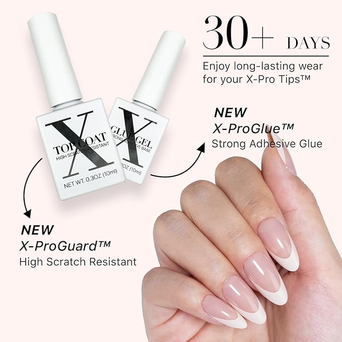 SXC Cosmetics French Tip Press On Nails - Skin Tone Nude and Color Series, Medium Almond X-Pro Tips Starter Kit ST115KIT