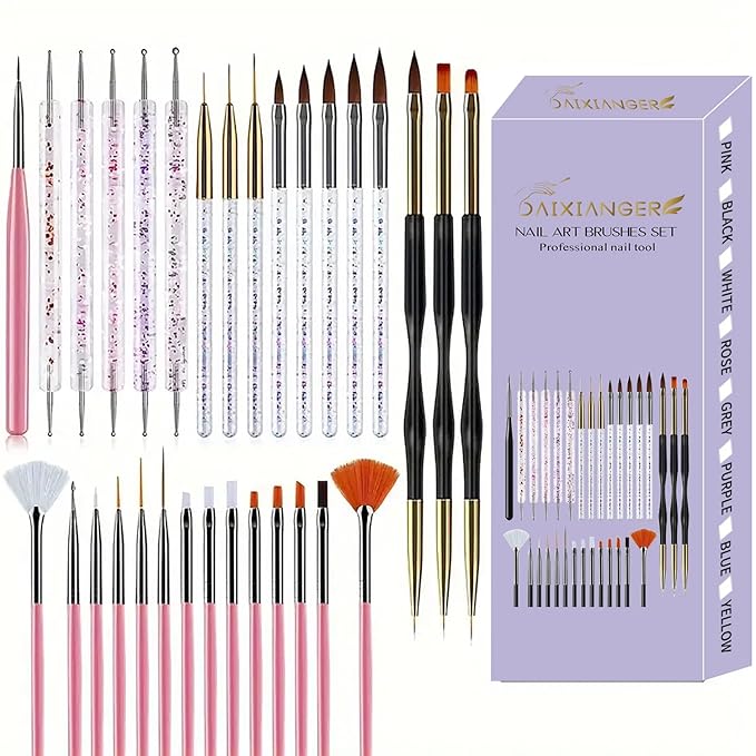 31Pcs Nail Art Tool Set, Gel Polish Acrylic Nail Brush, Dotting Tools, Dust Brushes, Detail Liner Brushes for Nails, Sculpting Drawing Pen, Nail Design for Home Salon Manicure Supply-Pink