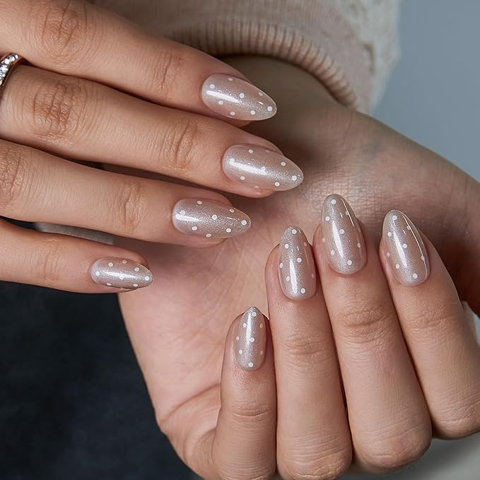 CurvLife Pearl Shimmer Almond Press On Nails Short for Women, Nude Champagne Soft Gel Fake Nails with White Dot Design, Bridal Wedding Glue On Nails Kit with Nail Glue & Tools, Salon Quality