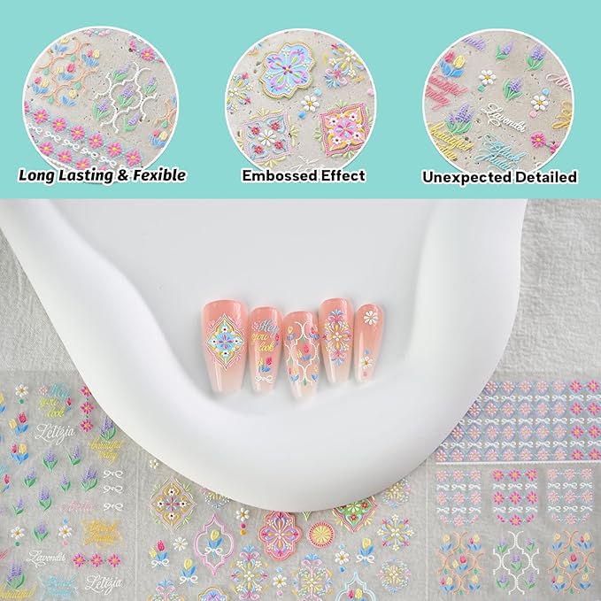 Colorful Bohemian Nail Art Stickers, Summer Spring Flower Nail Decals, Self-Adhesive, Nail Accessories for Women, Nail Decorations 3 Sheets