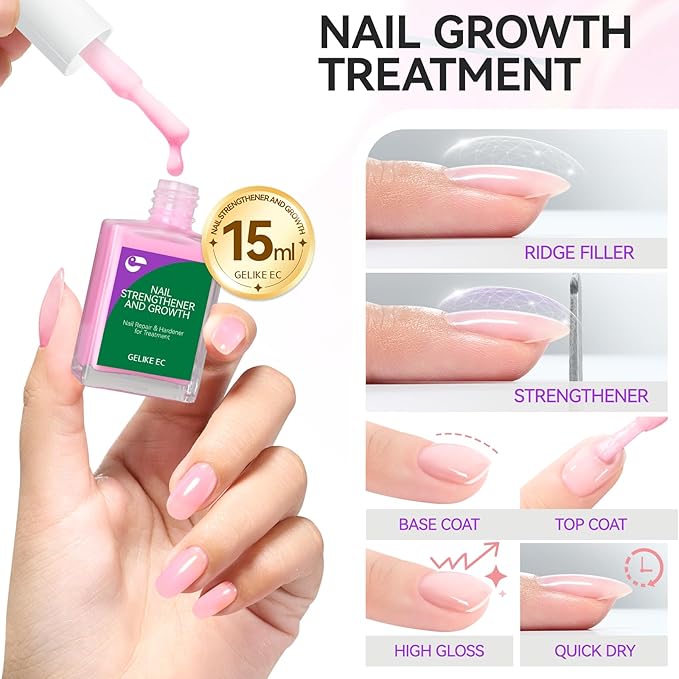 Nail Polish Strengthener and Growth Treatment: Pink Gelike EC 6 in 1 Natural Nail Hardener Extra Strong and Growth - Long Lasting Nail Repair for Damaged Nails - For Daily Work Home Salon