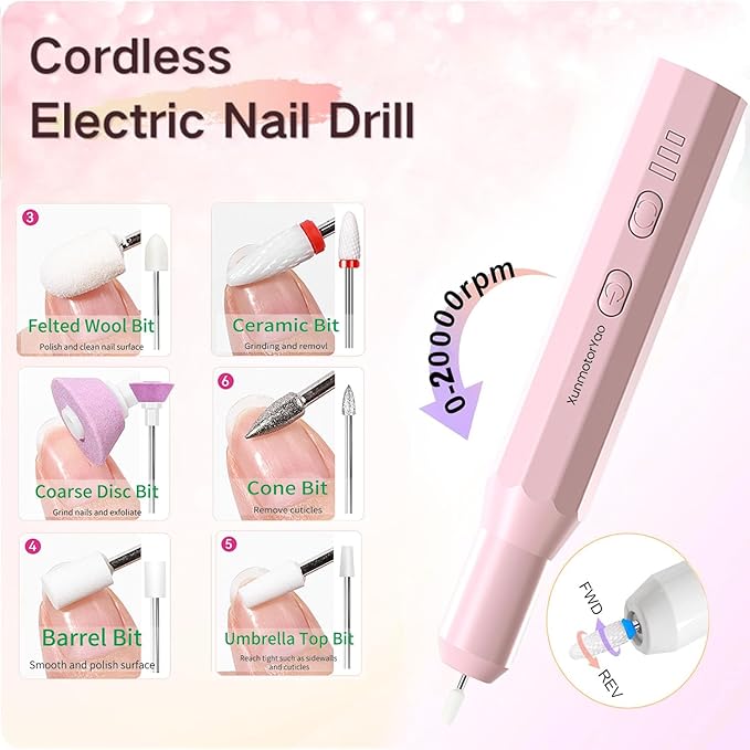 Cordless Nail Drill Kit,Electric Nail File for Acrylic Gel Nails 3 Speeds Adjustable Rechargeable Electric Nail Tools Manicure and Pedicure Kit for Home&Salon(Pink)