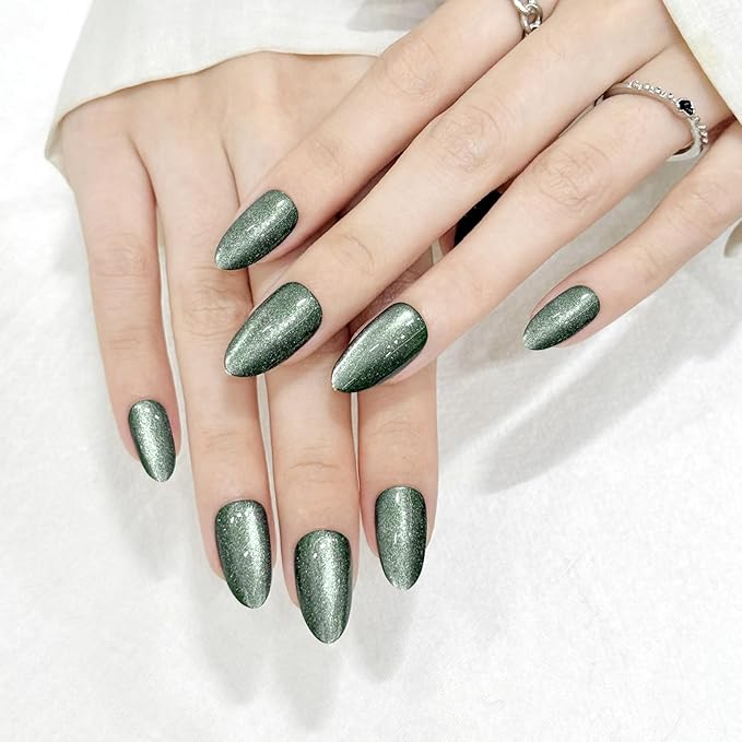 Green Almond Cat Eyes Press On Nails,12 Sizes - 24 Pcs Soft Gel Blackish Green Medium Fake Nails Kit with Nail Glue, Natural Reusable Stick On False Nails for Women and Girls SK1027