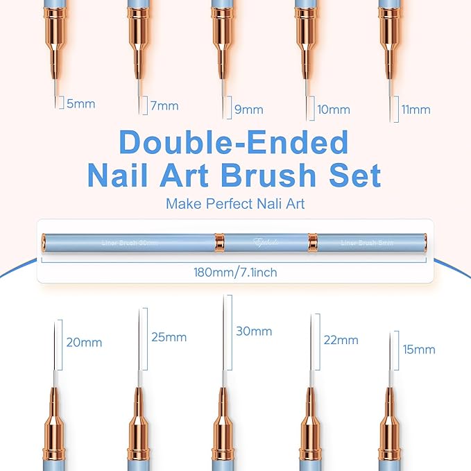 Nail Art Brushes, Double-Ended 10PCS Head Long Nail Art Liner Brushes Nail Design Brushes for Long Lines,Tiny Details,Fine Drawing Nail Brushes for Nail Art,Sizes 5/7/9/10/11/15/20/22/25/30