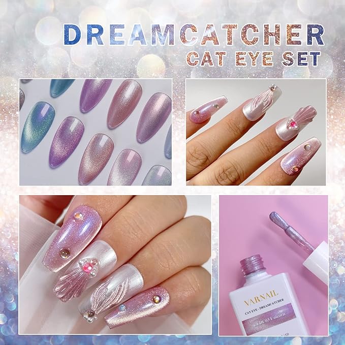 VARNAIL Cat Eye Gel Polish Kit 6 Colors, 15ML Glitter 9D Holographic Gel Polish with Magnet, Soak off U V Light Gel Nail Polish Set, Salon Magnetic Gel Nail Polish (Dreamcatcher)