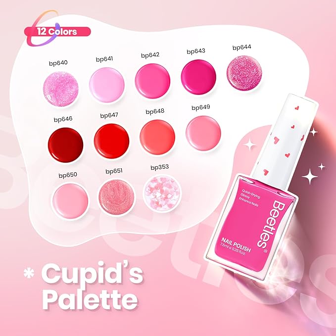 Beetles Valentine Nail Polish - Love's Prism 12 Colors Valentine Pink Nail Polish Set 5ml/0.17 Fl Oz, Salon Long Lasting DIY Nails Art Spring Valentines Nails Gifts for Her