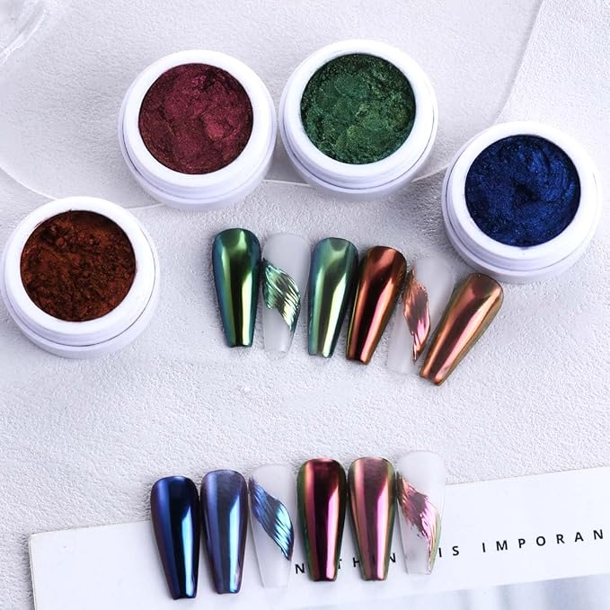 Chameleon Nail Glitter Powder Set – 4 Colors Holographic Chrome Powder for Nails, High-Gloss Color-Shifting Pigment with Brush – Nail Art Decoration for Carnival, Cosplay & Holiday Parties