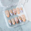 Handmade Press on Nails Purple French Tip Fake Nails with 3D Flower Pearl Starfish Designs Salon Quality False Nail Full Cover Thickened Medium Almond Acrylic Nails Stick on Nail for Women（Size M）