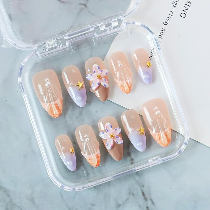 Handmade Press on Nails Purple French Tip Fake Nails with 3D Flower Pearl Starfish Designs Salon Quality False Nail Full Cover Thickened Medium Almond Acrylic Nails Stick on Nail for Women（Size S）