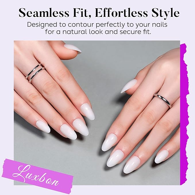 Luxbon Press On Nails with No-Cure Nail Glue and Tool Kit – Almond Acrylic Stick On Nails Soft Gel Tips 30-32pcs Full Size Set, Reusable Fake Nails for Women, Salon Look at Home, White