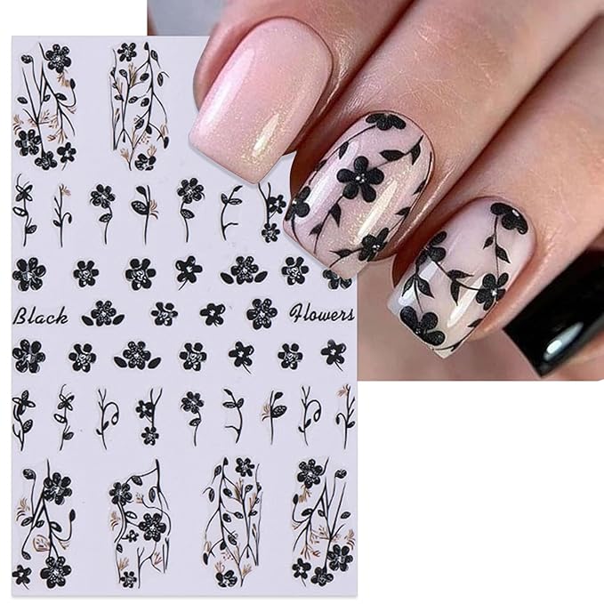 8 Sheets Fall Leaves Nail Stickers - Autumn Orange & Black Flowers Self-Adhesive 3D Nail Decals for Women Girls DIY Thanksgiving Day Floral Manicure
