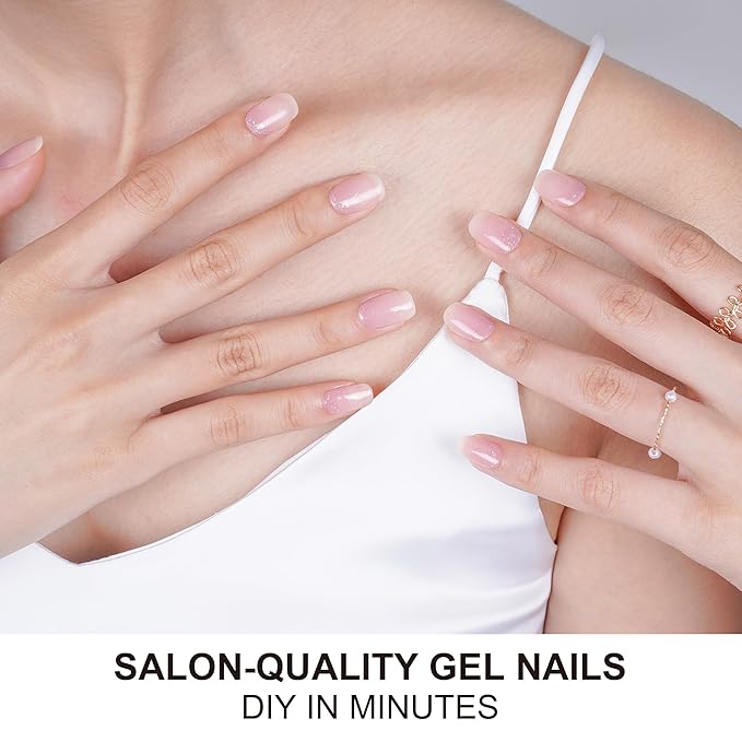 DANNI & TONI Semi Cured Gel Nail Strips Translucent (Mystery Veil) Pink Ombre Nail Stickers Glitter Gel Nail Wraps 28 Stickers