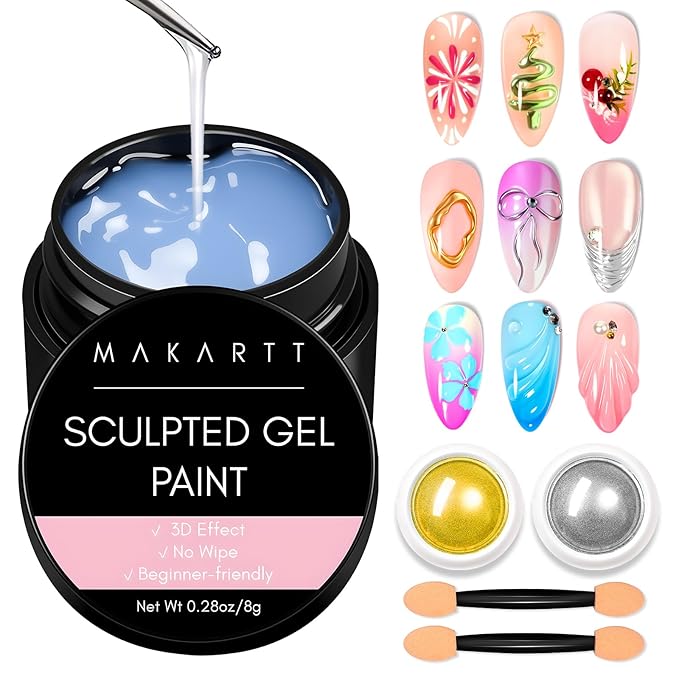 Makartt 3D Gel Nail Art & Chrome Nail Powder Kit: Clear 3D Sculpting Gels for Chrome Powder, 3D Painting No Wipe for Gel Polish, 3D Gels with Gold Silve Nails Chromes for Nails Art Home & Salon DIY