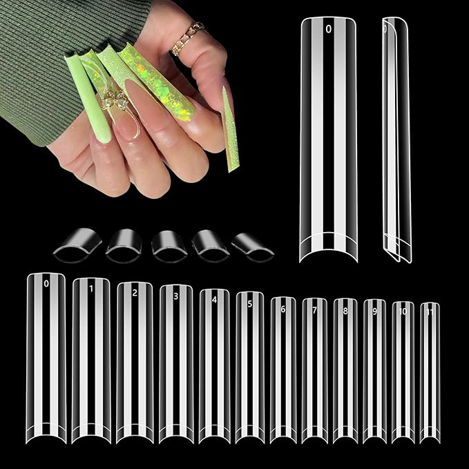 LIONVISON 504PCS NO C CURVE Clear Nail Tips for Acrylic Nails Professional, 3XL Extra Long Flat Tapered Square Nail Tips, 12 Sizes Half Cover Straight French Fake Nail Tips for Nail Salons (With Bag)