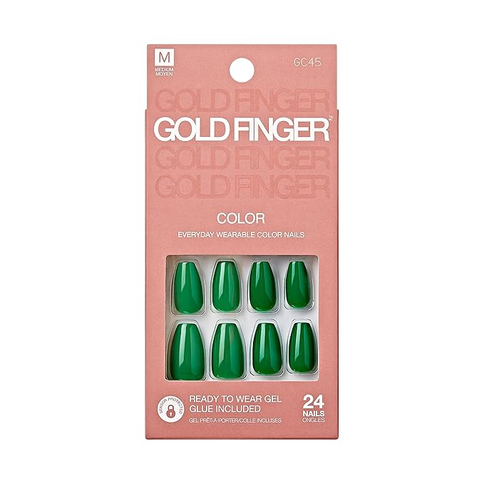 GoldFinger False Nails Kit, Ready to Wear Green Fake Nails, Manicure Stick and Glue Included, Medium Coffin Shape, Long-Lasting Hottest Trend Glue on Nails, Convenient & Easy to Apply, All Occasions