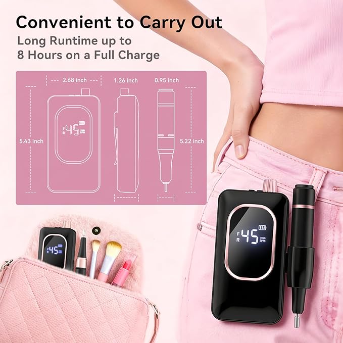 Professional Electric Nail Drill 45000RPM, Portable Nail File for Acrylic Gel Nails, Cordless Rechargeable Salon-Grade Ultra Power Nail Drill Kit for Shaping, Polishing & Removing Gel Nails,Black