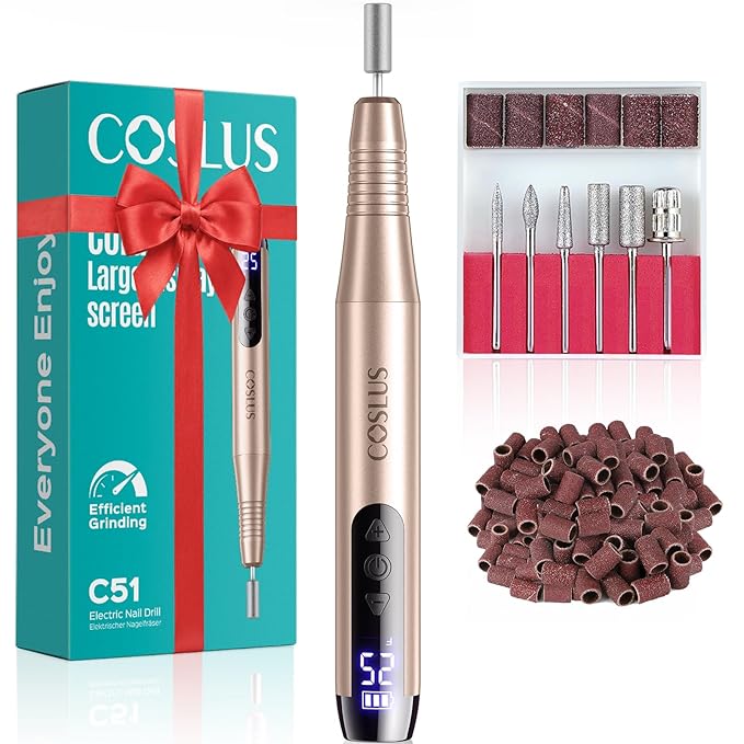 COSLUS C51 Electric Cordless Nail Drill: Professional Nail File with LED Screen & 25 Speeds for Acrylic Gel Dip Powder Removal, Beginner-Friendly for Home DIY & Salon, Portable for Travel, Gold