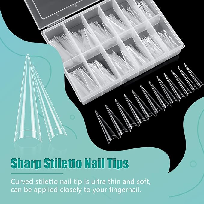 XL Long Clear Nail Tips: Half Cover 240PCS No C Curve Tapered Square Straight Nail Tips with 240PCS Stiletto Nail Tips for Salon Manicurist - Nail Extension Tips for Home DIY Manicure Hobbyists